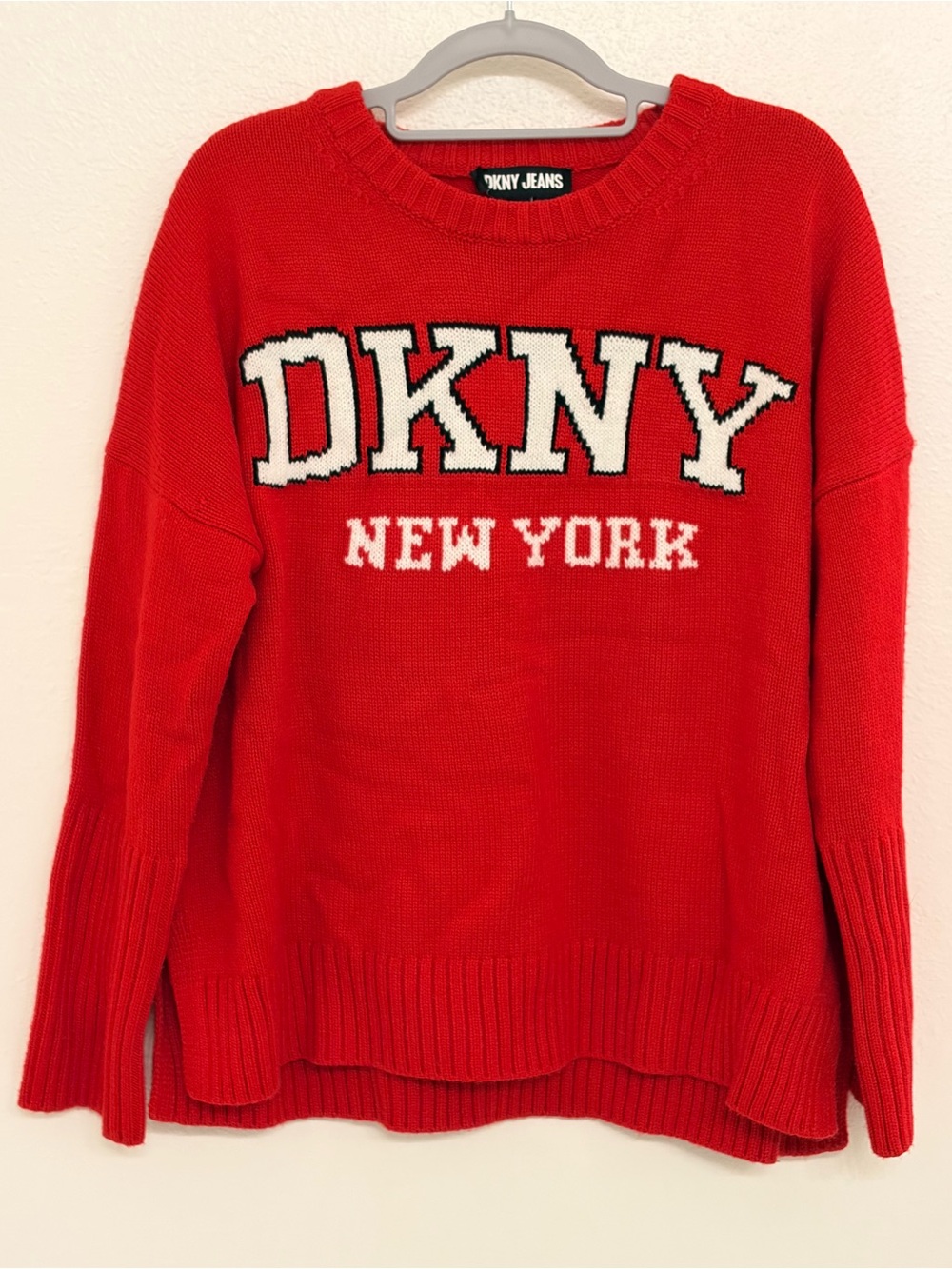 DKNY Red Varsity Logo Intarsia Knit Crewneck Sweater - Size Medium